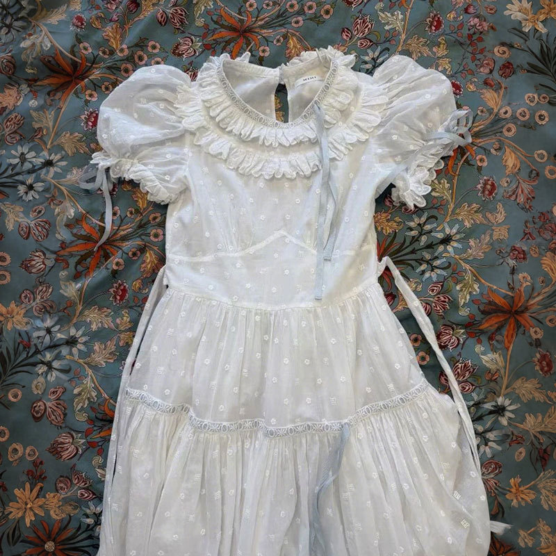 Girls Dress Children's Skirt Summer Dress 2025 New Girl French White Princess Dress Puff Sleeve Mesh Skirt