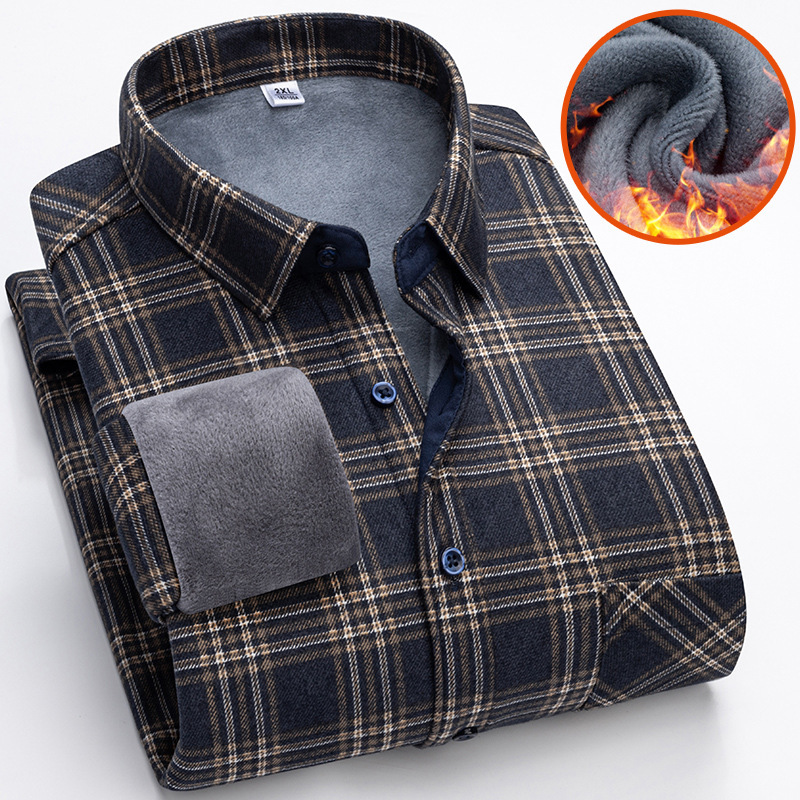 Men's new autumn and winter fleece-lined long-sleeve shirt, business casual warm plaid undershirt, dad style Men's new autumn and winter fleece-lined long-sleeve shirt, business casual warm plaid undershirt, dad style