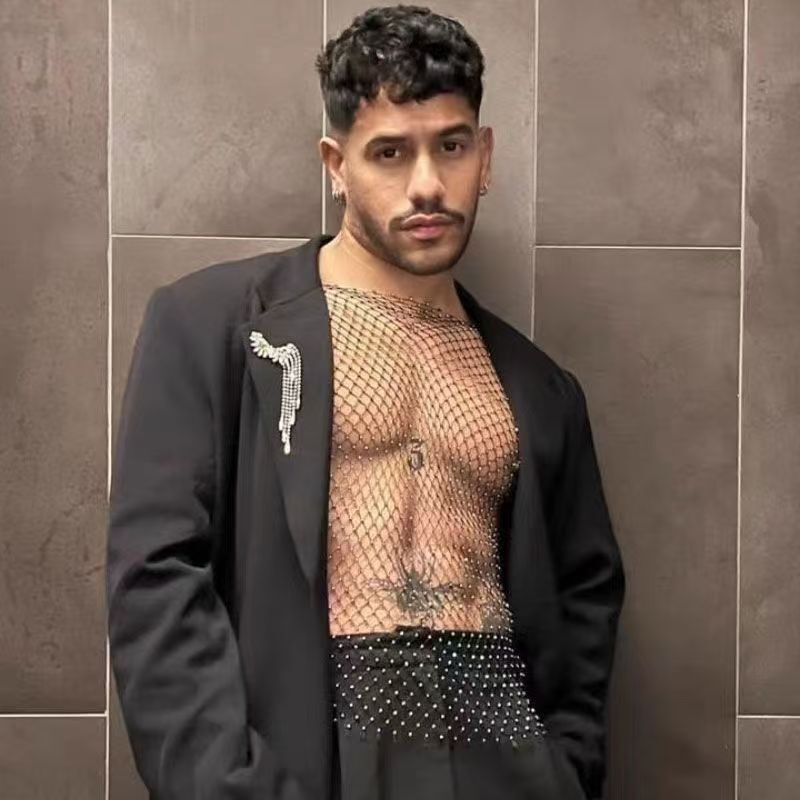 European and American nightclub men's sexy rhinestone fishing net sleeveless top square collar hollow vest inner stage show clothing