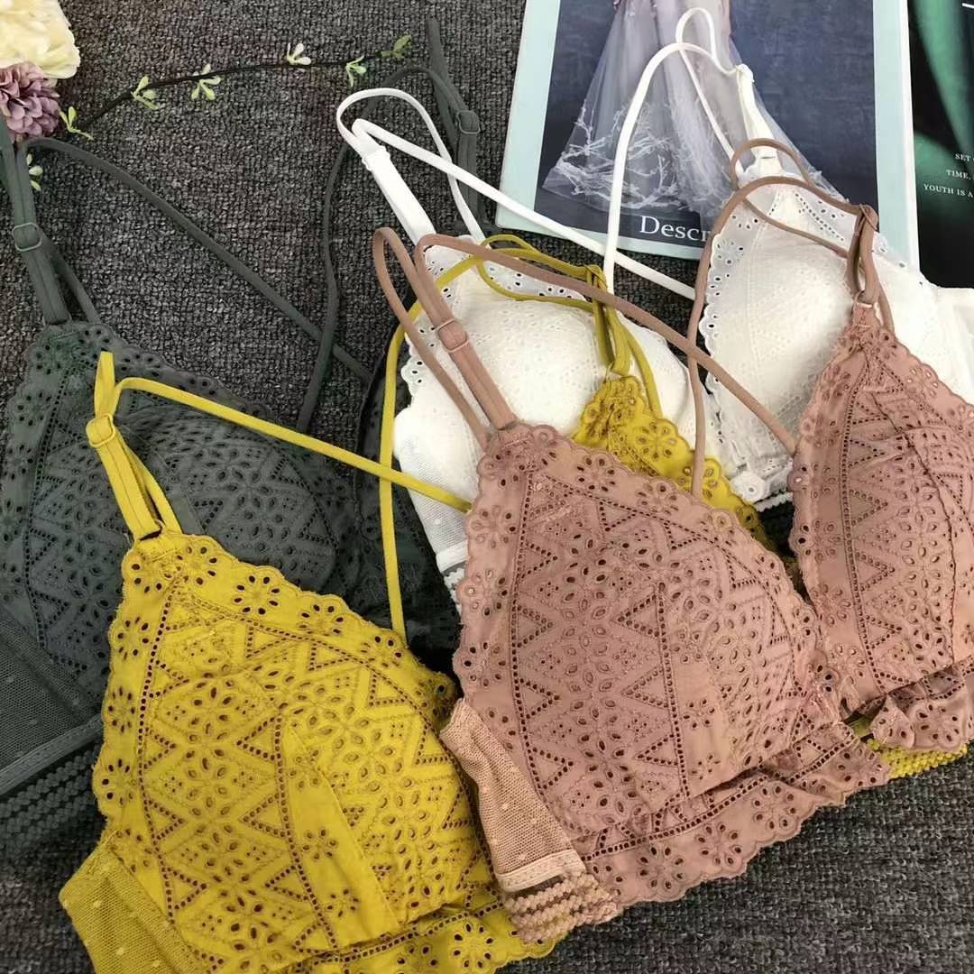 Bra de encaje del sudeste asiático, ropa interior de mujer, bra de copa triangular francesa, verano sin anillo de acero, copa delgada, algodón sexy y cómodo para la piel