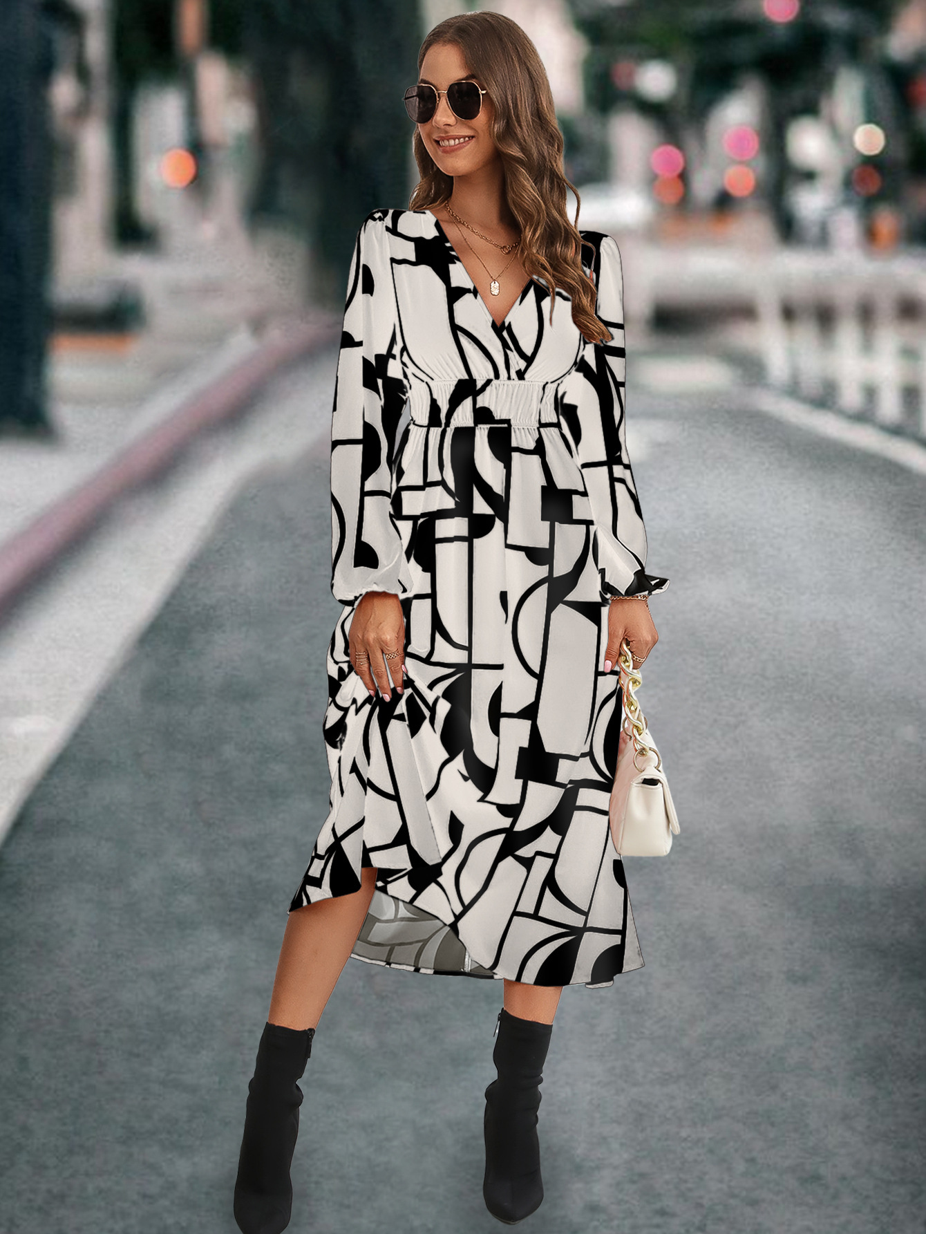 Robe imprimée à manches longues et col en V pour femmes, la plus vendue_voghion.com