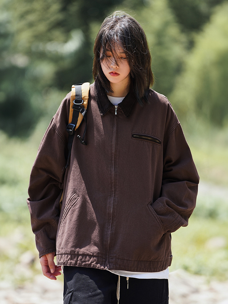 Chaqueta estilo retro Detroit para hombre, nueva colección de primavera, lavada y desgastada, chaqueta holgada de pana con solapa para mujer, estilo q