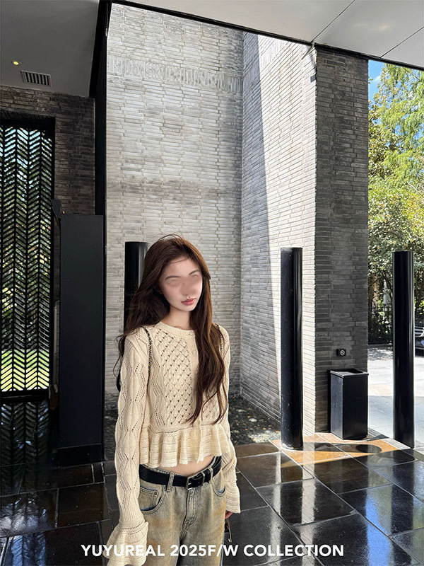 YUYUREAL 私服 镂空钩花荷叶边羊驼毛针织开衫|undefined
