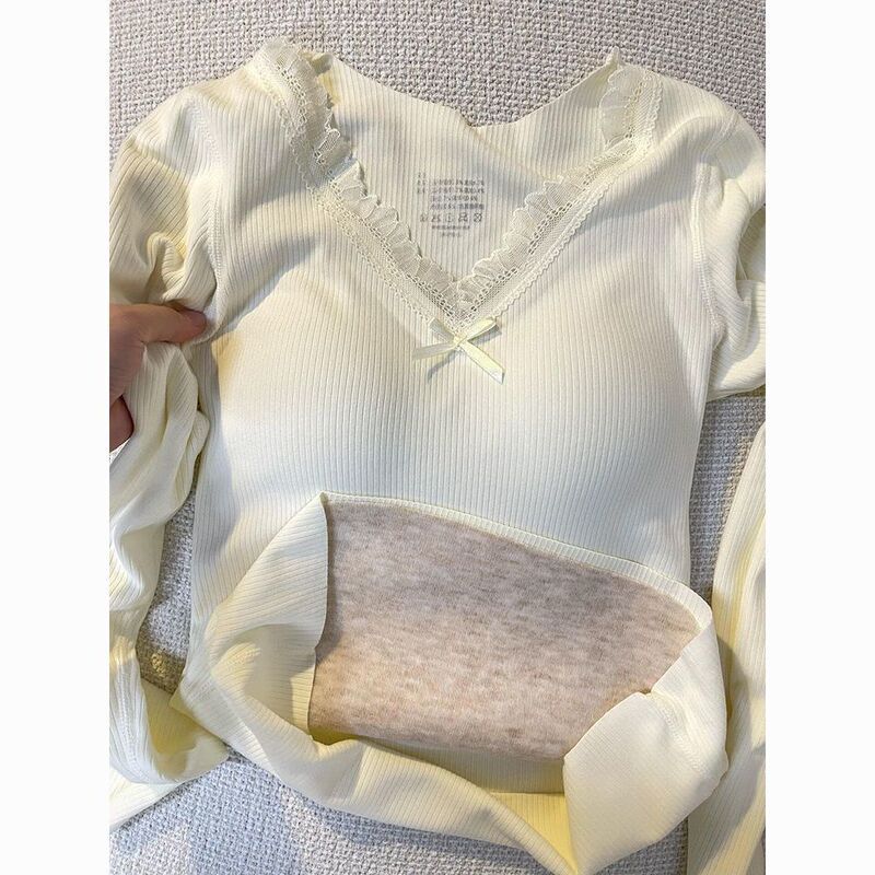 Autumn and Winter Cashmere Warm Inner Wear for Women, Thickeneded and Velvet Long-Sleeved Pure Desire Bottoming Shirt, Lace V-Neck Tie, Chest Pad Top, Trendy Autumn and Winter Cashmere Warm Inner Wear for Women, Thickeneded and Velvet Long-Sleeved Pure Desire Bottoming Shirt, Lace V-Neck Tie, Chest Pad Top, Trendy