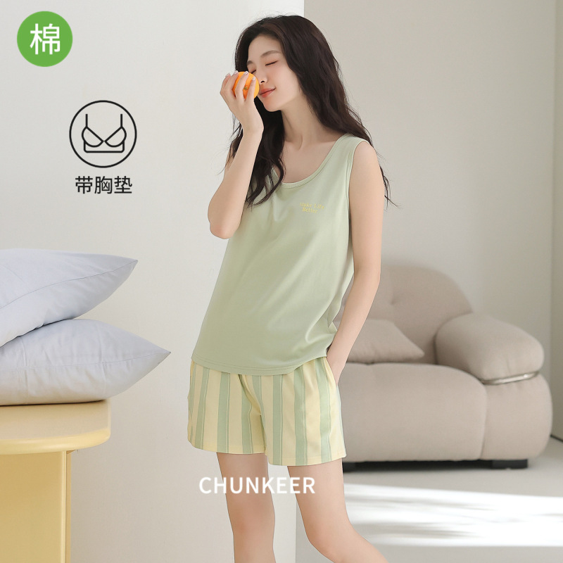 Japanese-Style Ins Pure Cotton Pajama Set for Women, New Summer Model, Can Be Worn Outside, Tank Top and Shorts with Chest Pads, All-Cotton Loungewear Japanese-Style Ins Pure Cotton Pajama Set for Women, New Summer Model, Can Be Worn Outside, Tank Top and Shorts with Chest Pads, All-Cotton Loungewear