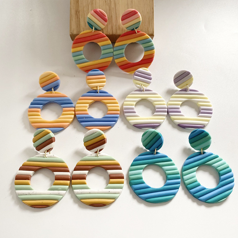 Polymeric Clay Soft Pottery Earrings Rainbow Strip Multicolor Artistic Textured Earrings Round Geometric Earrings Handmade European and American