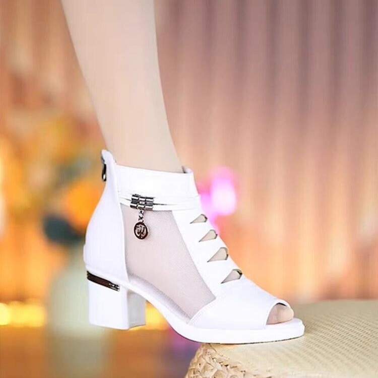 2026 Fashionable Chunky Heel Hollow Out Peep Toe Sandals for Women, New Summer Mesh Breathable Mid-Heel Ankle Boots, Soft Leather Perforated Shoes 2026 Fashionable Chunky Heel Hollow Out Peep Toe Sandals for Women, New Summer Mesh Breathable Mid-Heel Ankle Boots, Soft Leather Perforated Shoes