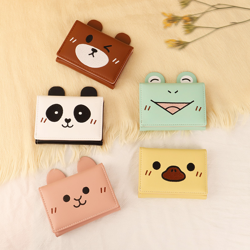 Panda tríptico billetera femenina corta estudiante billetera plegable de dibujos animados lindo animal pequeño pato amarillo Rana titular de la tarjeta