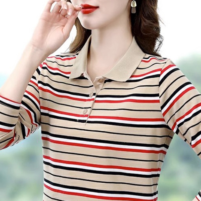 Women's cotton long-sleeved striped T-shirt, autumn style, new spring and autumn women's clothing, middle-aged mother's polo shirt