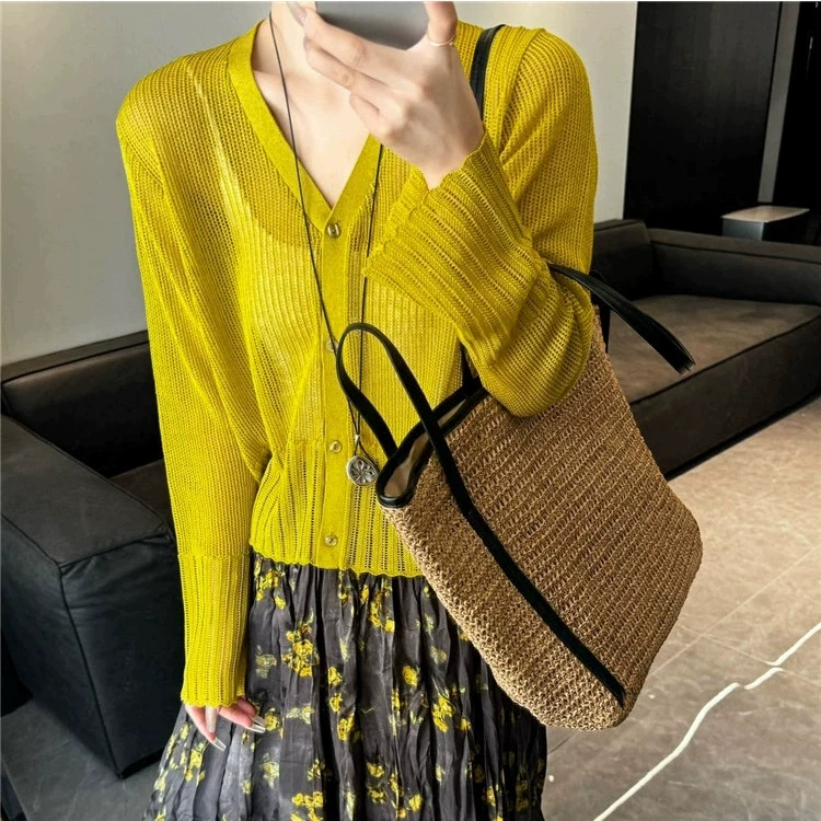 [Лен] клеммный рукав V-образный трикотажный кардиган женский весенний и летний новый темперамент солнцезащитный топ