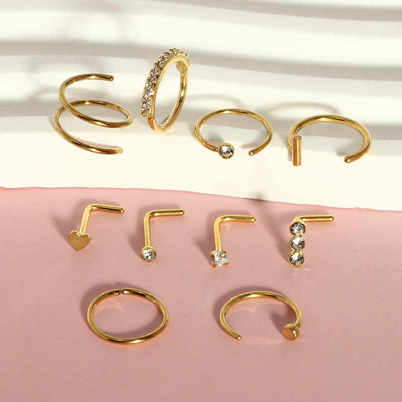 10-Piece Stainless Steel Nose Stud Set with L-Bar and Heart-Shaped Zircon, Bulk Nose Piercing Jewelry for Women Men detail image 7