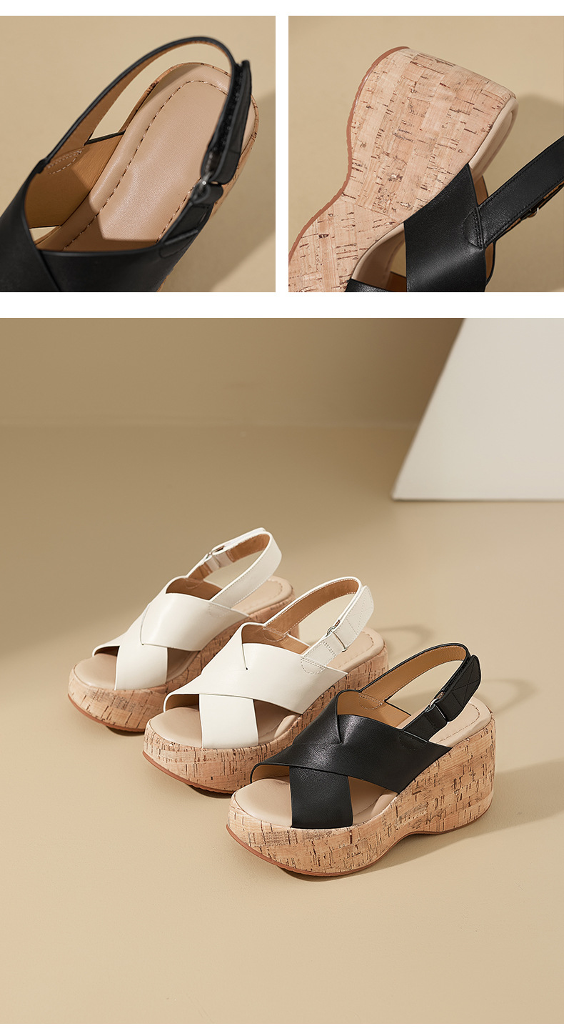 Sandal cao gót nữ quai chéo hở mũi đế xuồng 10cm da bò thật phong cách La Mã — màu đen, màu trắng ngà chi tiết 11