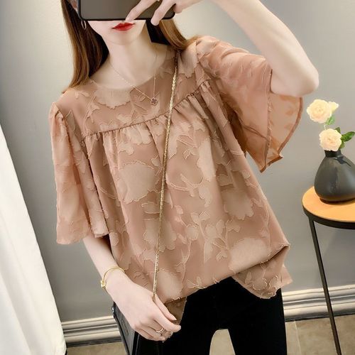 Short-sleeve chiffon blouse for women, spring fashion top, trendy European-style base shirt—early spring edition