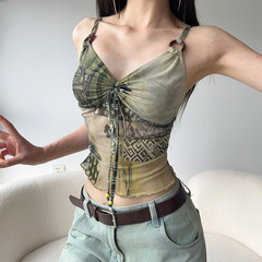 复古印花抽褶系带胸型网纱背心设计感圆环拼接修身小吊带辣妹上衣