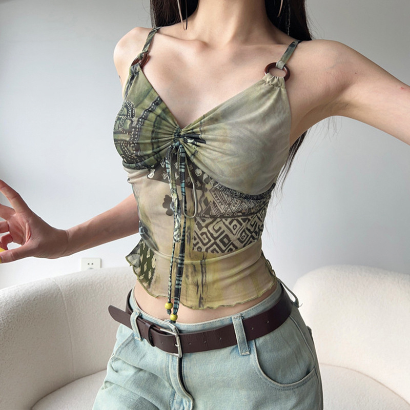 复古印花抽褶系带胸型网纱背心设计感圆环拼接修身小吊带辣妹上衣|undefined