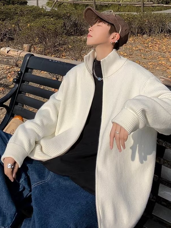 Chaqueta con cremallera estilo perezoso cárdigan suéter hombre otoño e invierno grueso perezoso de alta gama cuello alto suéter marca de moda japonesa