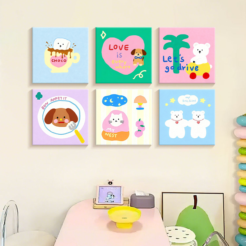 Cross-Border Amazon Dopamine Cartoon Kitten Puppy Animal Art Poster Background Wall Bedroom Living Room Decoration Painting