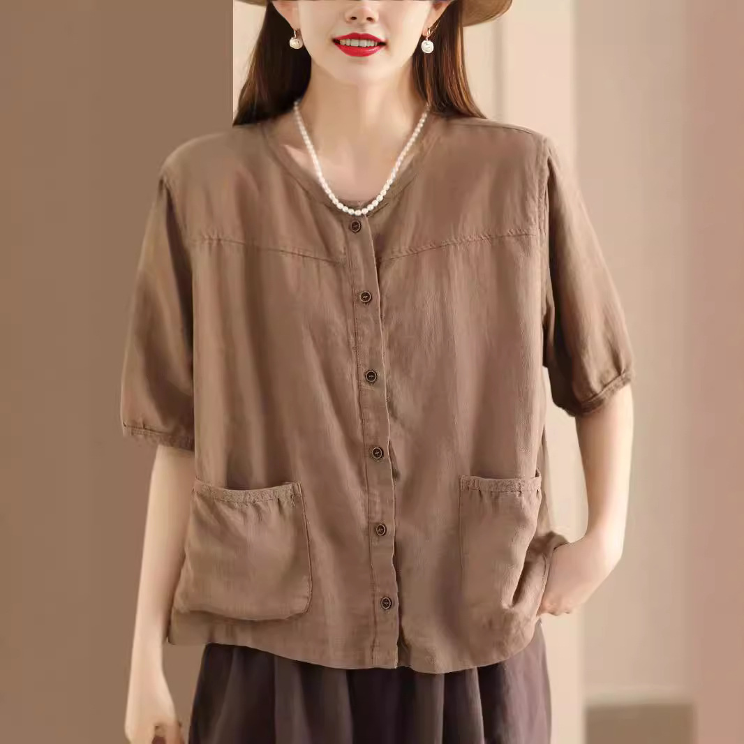 2025 Summer Retro Literary Crew Neck Cotton-Linen Shirt with Pocket Design for Women Casual Single Button Short Sleeve Elegant Style