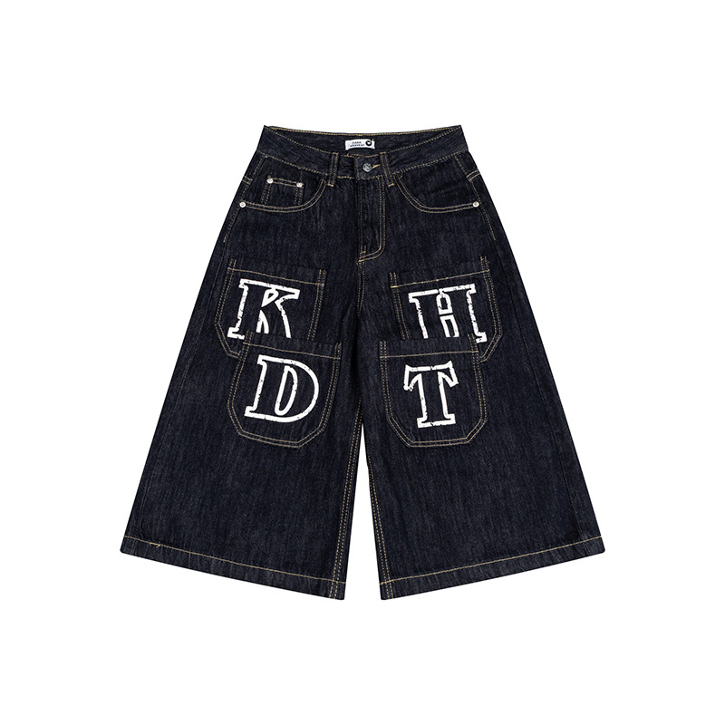 Unisex Vintage American Style Denim Capri Pants With Multi-Pockets, Relaxed Fit Straight Leg Wide Cuff For Summer_viptrois.com