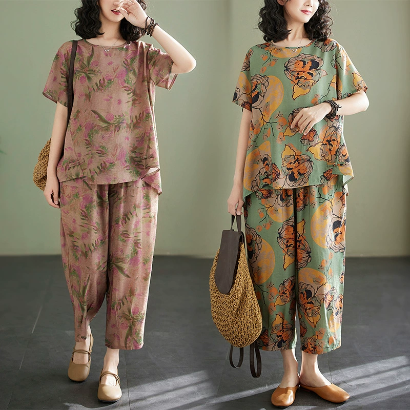 Рекордная съемка 2025 года новая хлопковая и льняная цветочная футболка с короткими рукавами