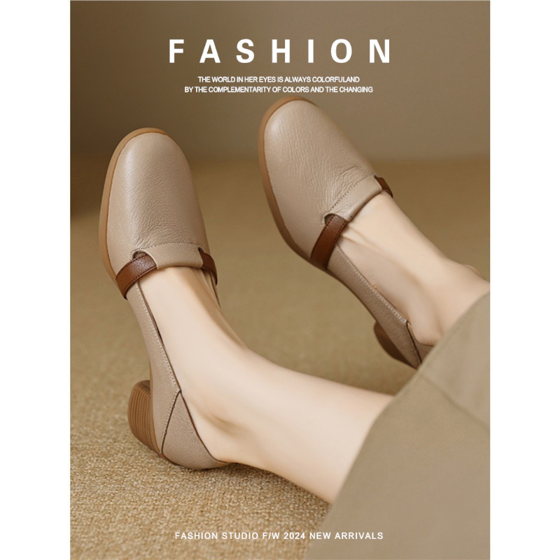 Genuine Leather Round Toe Thick Heel Soft Sole 5cm Small Leather Shoes High Heel French Retro Soft Leather Shallow Mouth Flats Women's Loafers Genuine Leather Round Toe Thick Heel Soft Sole 5cm Small Leather Shoes High Heel French Retro Soft Leather Shallow Mouth Flats Women's Loafers