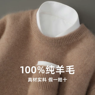 100%羊毛衫男圆领套头毛衣针织衫长袖商务宽松打底衫上衣代发跨境