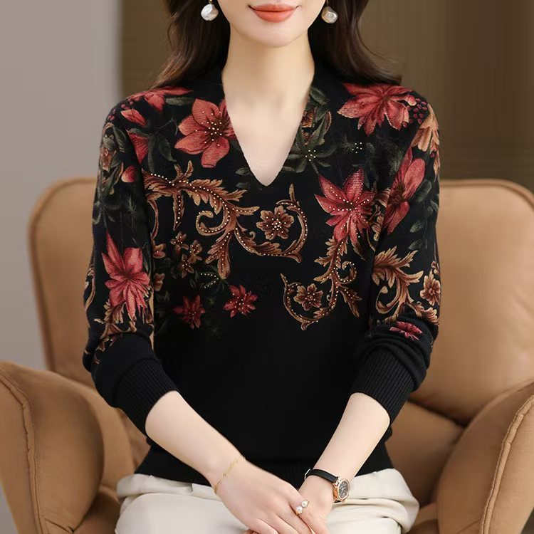 大码印花毛衣女士针织羊毛衫时尚秋冬季新款中年妈妈装修身打底衫|undefined