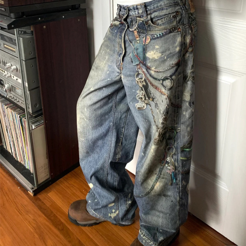 Men's Clothing 3D Chain Print Washed Jeans – Vintage Distressed Loose-Fit Denim Pants For Men & Women_voghion.com