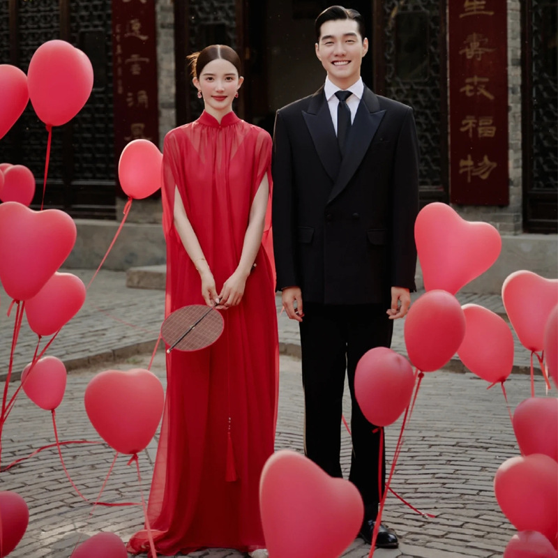 Bridal High-End Dressing Gown Niche Engagement Dress Red Light Wedding Dress New Chinese Style Toast Dress Two-Piece Set