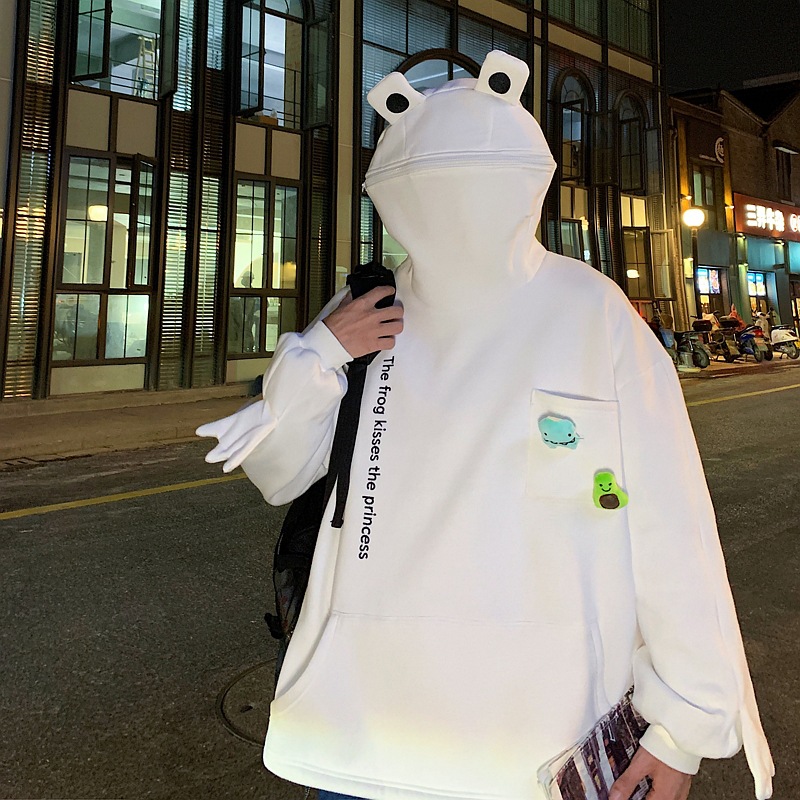 가을과 겨울 재미있는 만화 개구리 풀오버 스웨트 셔츠 남자의 느슨한 기모 후드 자켓 유행 인스 타 그램 스타일 스트리트 프라이드 커플 옷