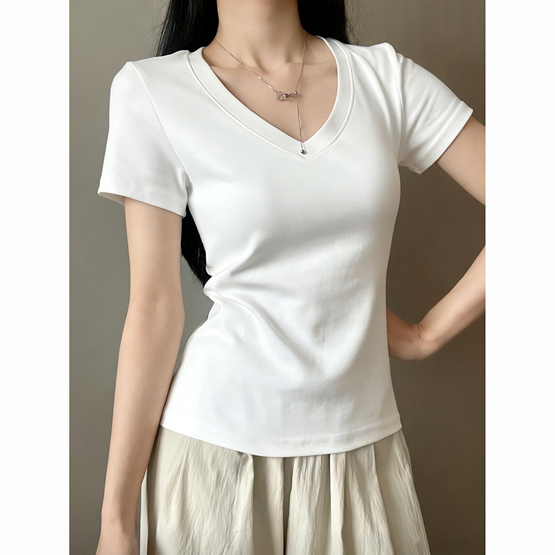 Women's Slim-Fit V-Neck Short-Sleeve T-Shirt, 2026 Spring New Casual Versatile White Korean-Style Top