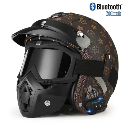 helmet electric car riding 3/4 – Motosiklet kaskı (dəbilqə) - v-brown-pattern-mask-bluetooth-s