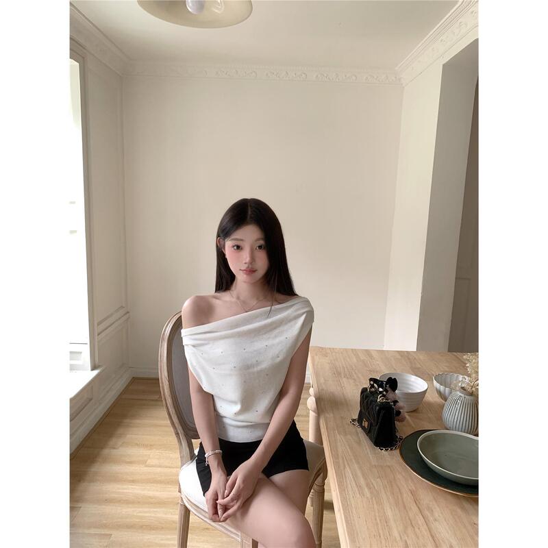 Korean-Style Elegant Off-Shoulder Draped Collar Multi-Wear Rhinestone Slimming Exquisite Top Short-Sleeve T-Shirt for Women Socialite Clothing Summer