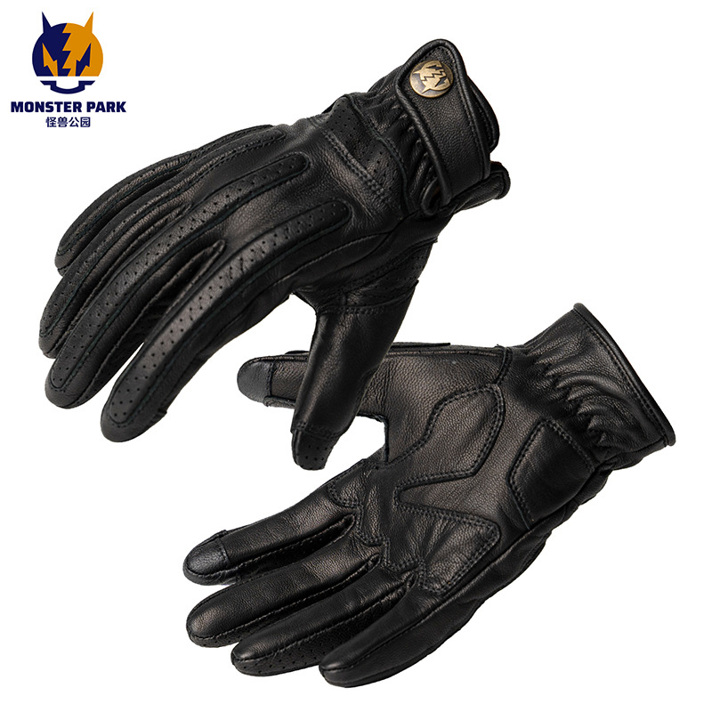 Ha Lei Monster Park Motorcycle Gloves Genuine Leather Sheepskin Retro Cruiser (Motorcycle Safety Supplies) - black-xs