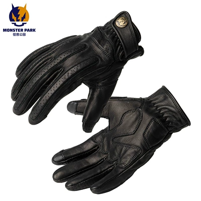 Monster Park Motorcycle Gloves Genuine Sheepskin Retro Cruise Harley Anti-Fall Motorcycle Riding Equipment Autumn (Motorcycle Safety Supplies) - black-xs
