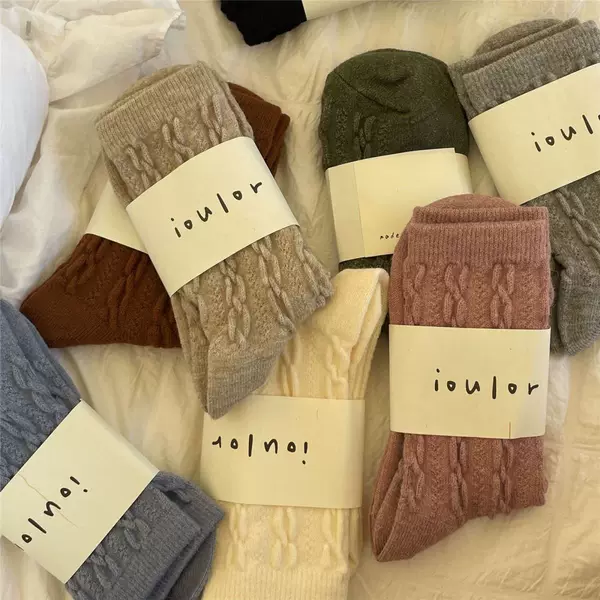 Wool Solid Color Socks Cashmere Autumn and Winter Mid-Tube Japanese Style Autumn and Winter Thick Warm Cable Knit Long Socks Cream Apricot