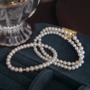 Summer Natural Freshwater Pearl Bracelet Close to Round Strong Light Pearl Stacked Rope Bracelet Baby Beads Stacked 925 Silver