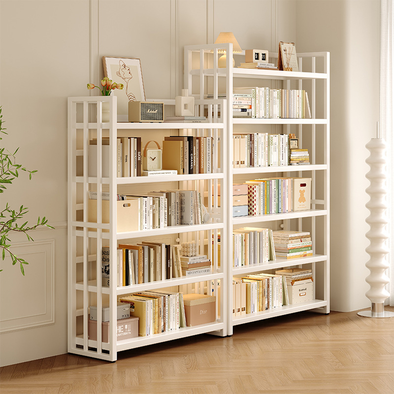 Estante de acero de viento crema estantería de libros para niños sala de estar almacenamiento estantería de exposición de hierro forjado estantería de piso integrado contra la pared