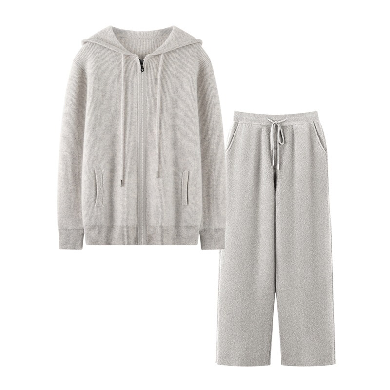 100% Pure Cashmere Casual Straight Pants Hooded Knitted Cardigan Jacket Men's Thickeneded Sports Suit