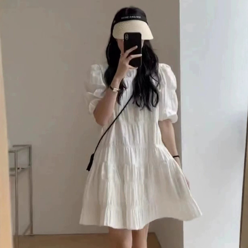 Korean Chic New Design Summer Niche Pleated Puff Sleeve Slimming Elegant Dress Women's Short Skirt Korean Chic New Design Summer Niche Pleated Puff Sleeve Slimming Elegant Dress Women's Short Skirt