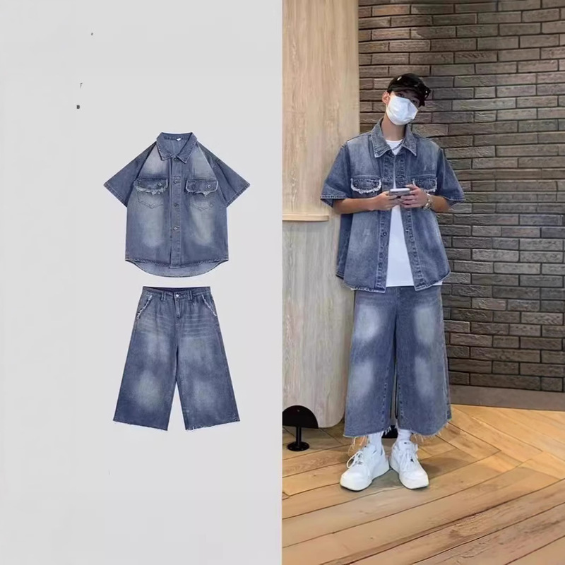 2025 New Foreign Trade American Jacket Spring and Summer Small Fragrance Fashion Denim Short-Sleeved Top Denim Short Cropped Pants