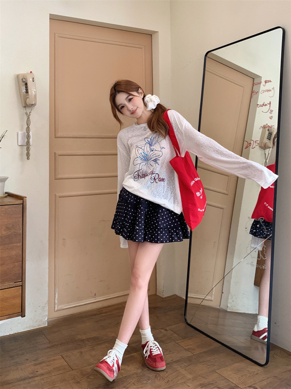 韓国スタイルのレイジーホワイトプリント長袖Tシャツレディースサマーデザインニッチルーズ薄手日焼け止めブラウストップ|undefined