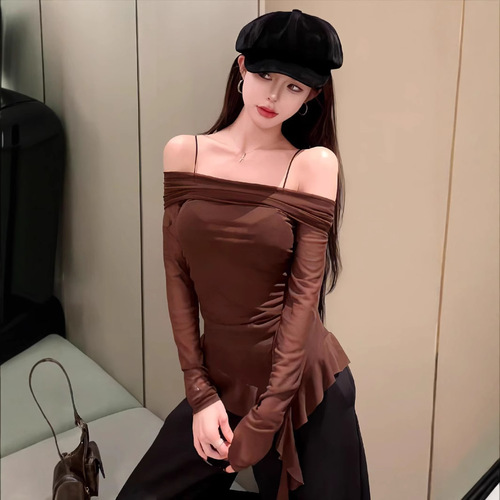 Pure desire style streamer one-length off-shoulder suspender T-shirt for women in autumn new fashionable slim fit versatile short top