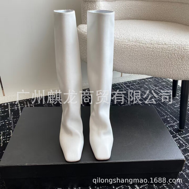 高端小众2025秋冬真皮方头复古坡跟内增高高筒骑士靴不过膝长靴女|undefined
