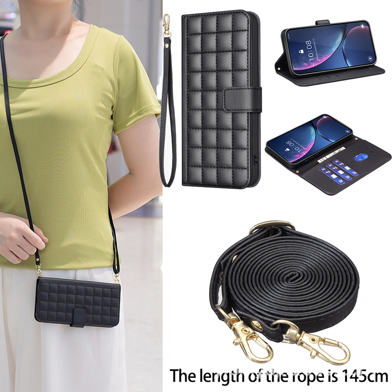 For iphone16E14 Mobile Phone Leather Case Flip Phone Case Samsung Millet Long Belt Shoulder 16PROMAX