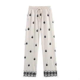 外贸批发2025年夏季新款度假风沙滩刺绣松紧腰系带宽腿裤8372211