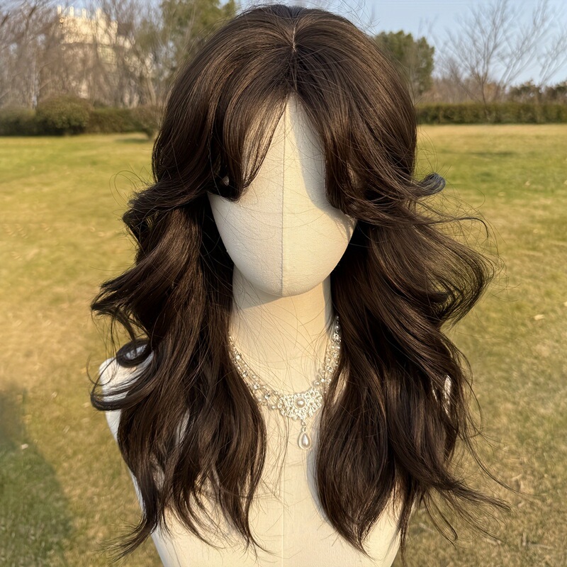 Cross-border dark brown long curly wavy wig with bangs - heat-resistant synthetic fiber 150% density suitable for beginners Cross-border dark brown long curly wavy wig with bangs - heat-resistant synthetic fiber 150% density suitable for beginners