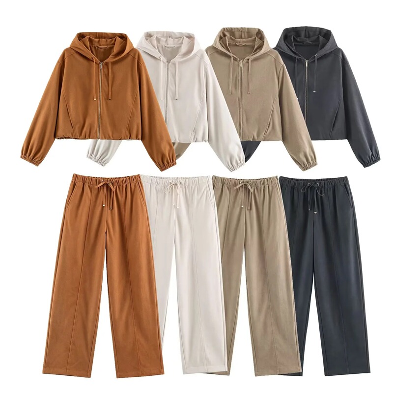 Women's casual sports suit, new autumn style, loose and slimming, hooded bomber jacket, high-waisted straight-leg pants