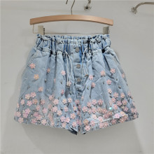 欧洲站2024夏装欧货新款重工钉珠粉色亮片高腰显瘦阔腿牛仔短裤女