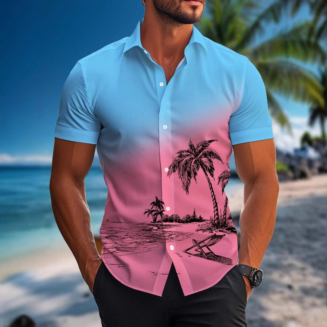 Ropa de hombre de comercio exterior de estilo europeo y americano 2024 nueva camisa de manga corta con patrón de árbol de coco de moda casual de todo fósforo MB1